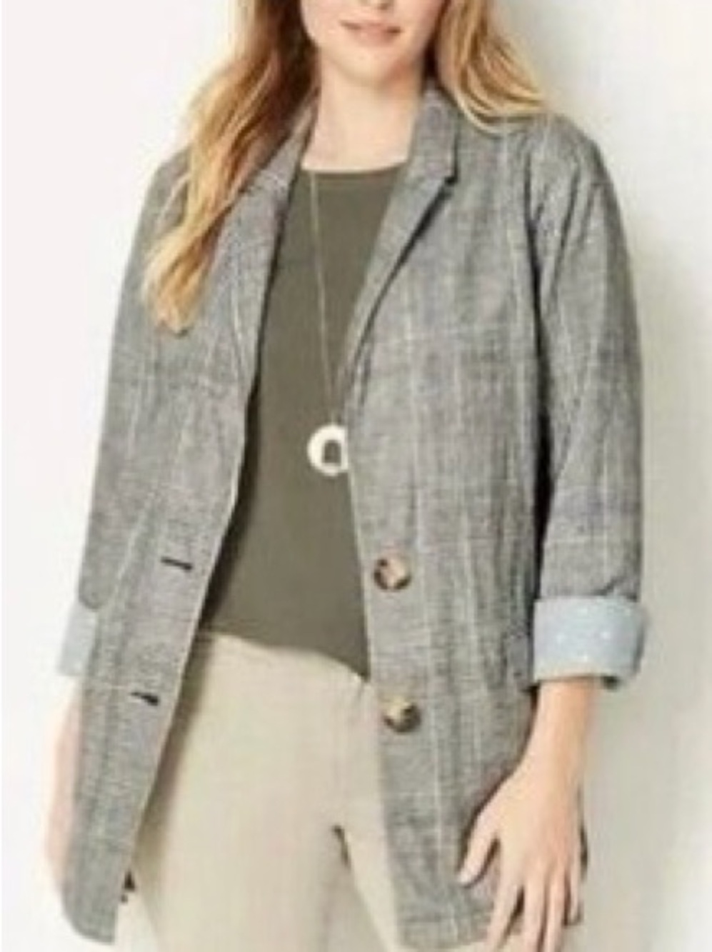 J.Jill Harper relaxed linen-blend plaid blazer. Coriander Multi. Size Large